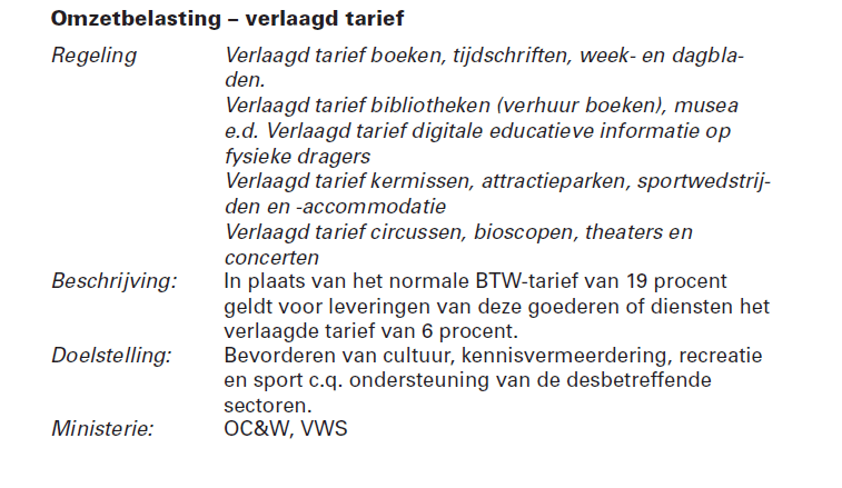 Passage uit de miljoenennota waarin het verlaagde BTW-tarief op kunsten verdedigd wordt.